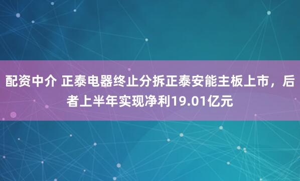 配资中介 正泰电器终止分拆正泰安能主板上市，后者上半年实现净利19.01亿元